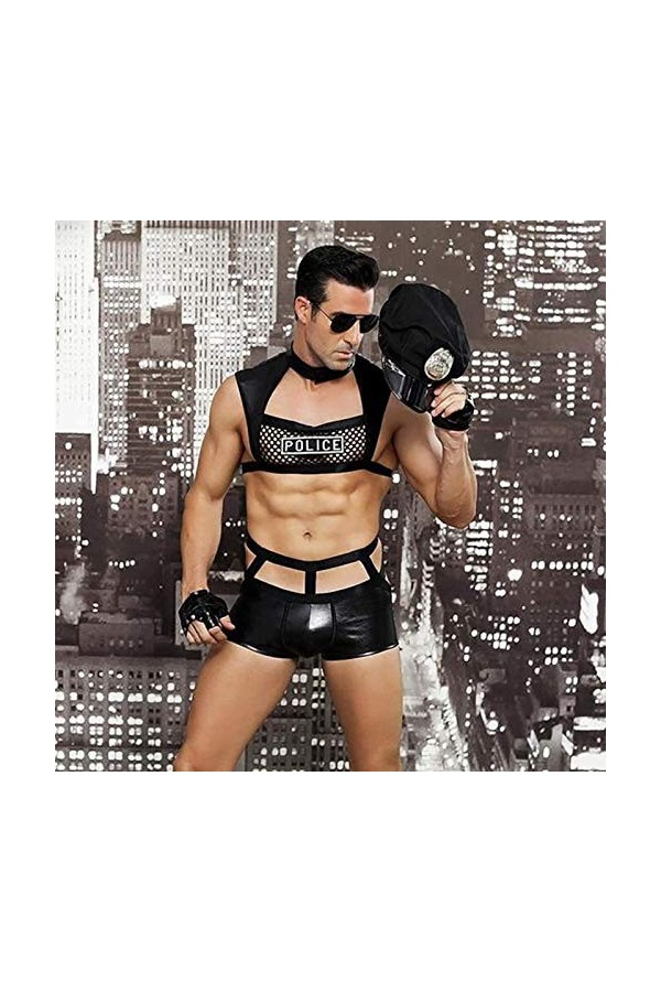 SEXYSY Homme Policier Jeu de rôle Ensemble de Lingerie Sexy Policier Costume de Danse Tenue Uniforme Noir
