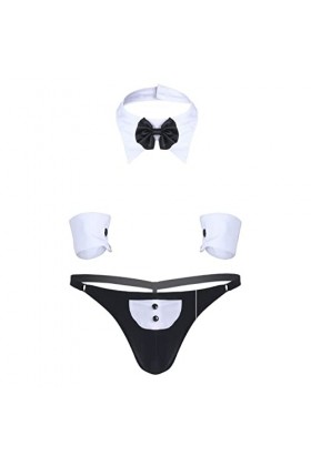 inlzdz Homme Sexy Sous-vêtements Ensemble Erotique Lingerie Sexy Collier Bow Tie & Boxer & Paire de Bracelets Sexy Déguisemen
