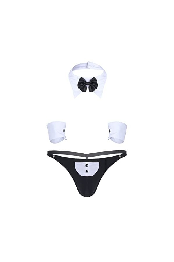 inlzdz Homme Sexy Sous-vêtements Ensemble Erotique Lingerie Sexy Collier Bow Tie & Boxer & Paire de Bracelets Sexy Déguisemen