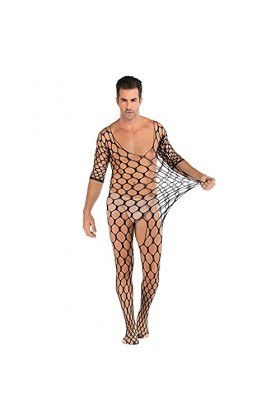 Body en résille Sexy pour Hommes Dentelle Lingerie See Through Cross Sissy Justaucorps Combinaison de Lutte en Une pièce en M
