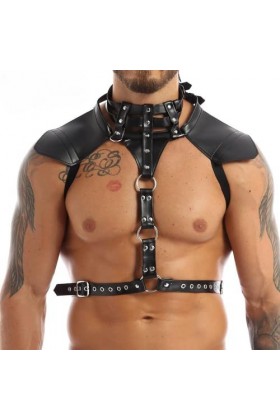 Harnais en cuir pour homme - Boucles de cou - Ceinture de poitrine - Anneaux toriques en métal - Bretelles de déguisement - P