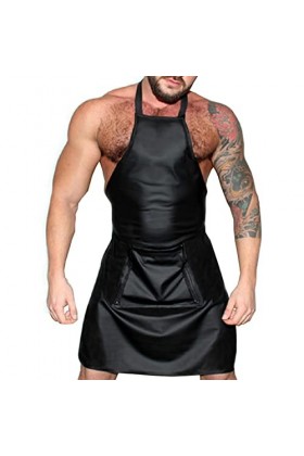 XLBHSH Tablier sexy en cuir verni pour homme avec ouverture à lentrejambe, noir, taille L