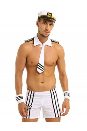 MSemis Homme Ensemble Deguisement Marin Sexy Cosplay Uniforme Policier Costume Erotisme Lingerie String Boxer + Bracelets + C