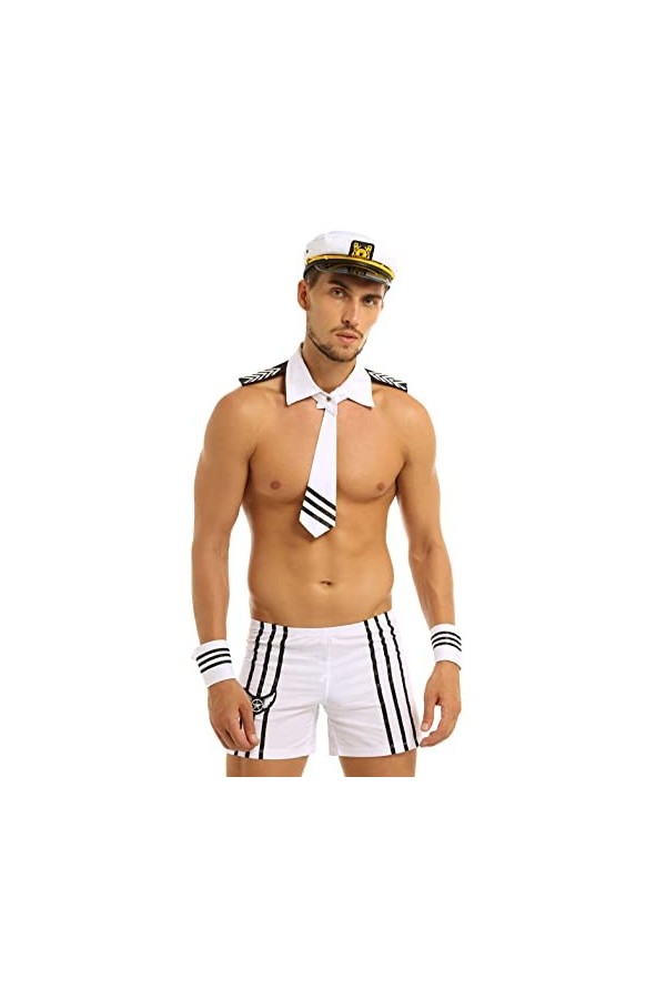 MSemis Homme Ensemble Deguisement Marin Sexy Cosplay Uniforme Policier Costume Erotisme Lingerie String Boxer + Bracelets + C
