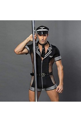 Z-DJJ Costume de Cosplay Uniforme de Policier Sexy pour Hommes, Tenue Uniforme de Flic dhalloween avec Ceinture et Maille, M