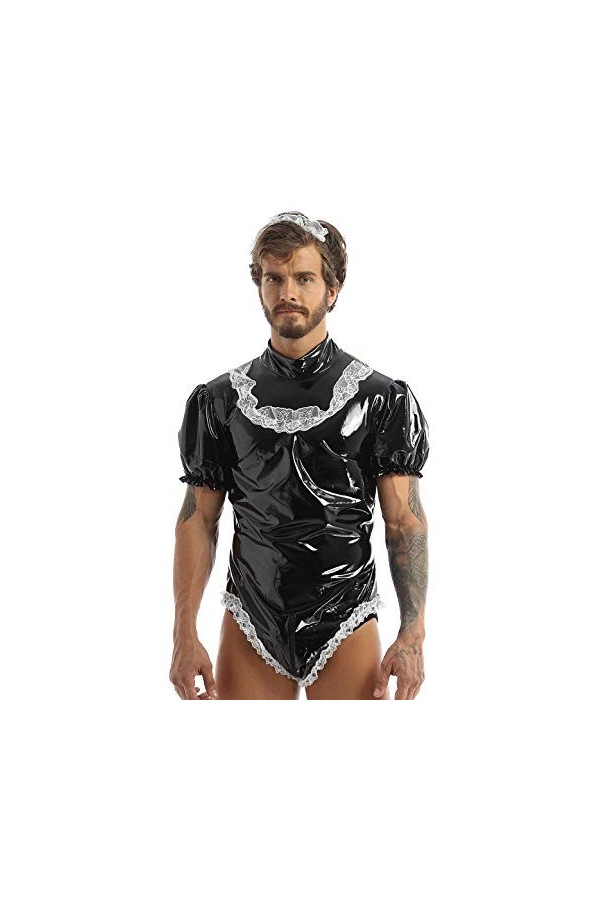 Freebily Femme de Ménage Hommes Sissy Robe de Chambre Cuir Dentelle Sissy Lingerie Plaisir Deguisement Servant Sexy Body Stri