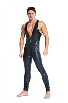 BERMEL pour des Hommes Costume de Chat Cuir Verni Combinaison Tout Le Corps Sexy Latex Le Maillot Regard Humide Fermeture écl