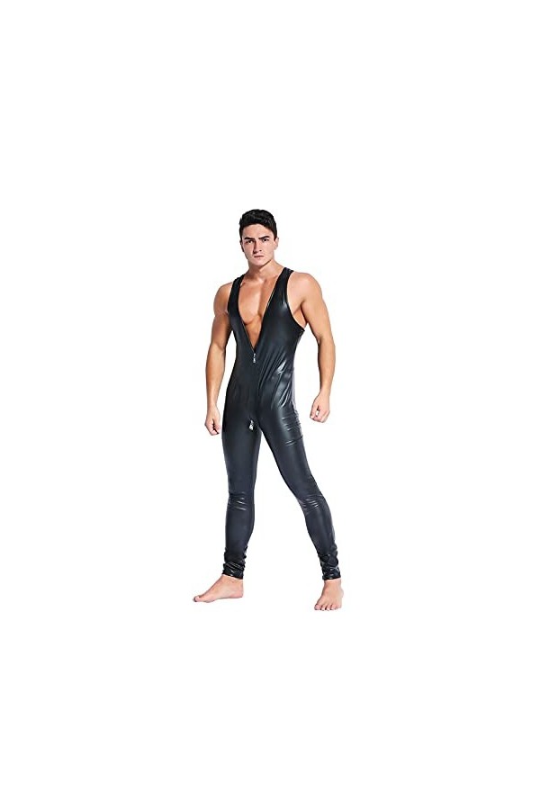 BERMEL pour des Hommes Costume de Chat Cuir Verni Combinaison Tout Le Corps Sexy Latex Le Maillot Regard Humide Fermeture écl
