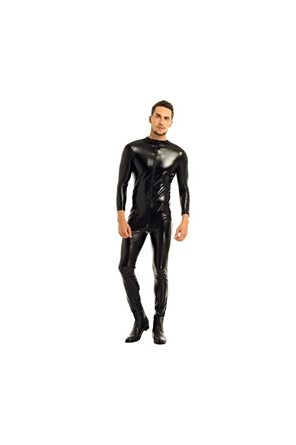 iiniim Homme Combinaison Cuir Verni Bodysuit Manches Longues Jumpsuit Pantalon Wetlook Vêtement FR Plaisir Noir Catsuit Jumps