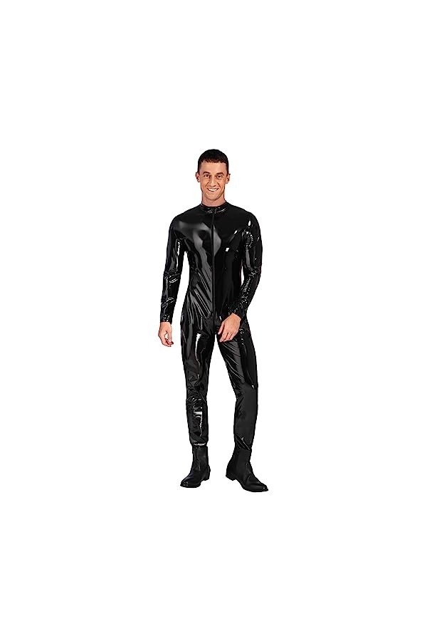iiniim Homme Combinaison Cuir Verni Bodysuit Manches Longues Jumpsuit Pantalon Wetlook Vêtement FR Plaisir Noir Catsuit Jumps