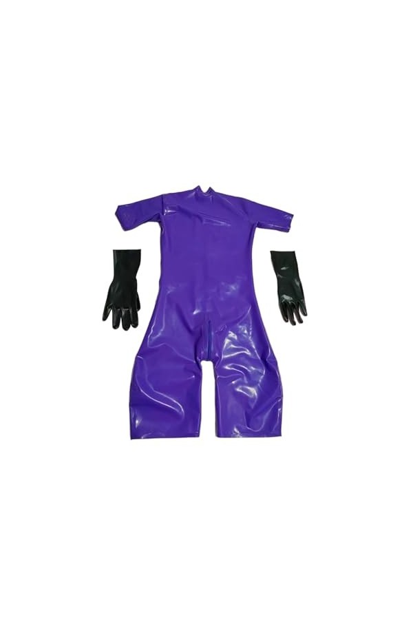 Body en Latex violet pour femmes, collants à manches courtes, en caoutchouc, Zentai, Costumes de Cosplay, gants de doigts per