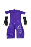 Body en Latex violet pour femmes, collants à manches courtes, en caoutchouc, Zentai, Costumes de Cosplay, gants de doigts per