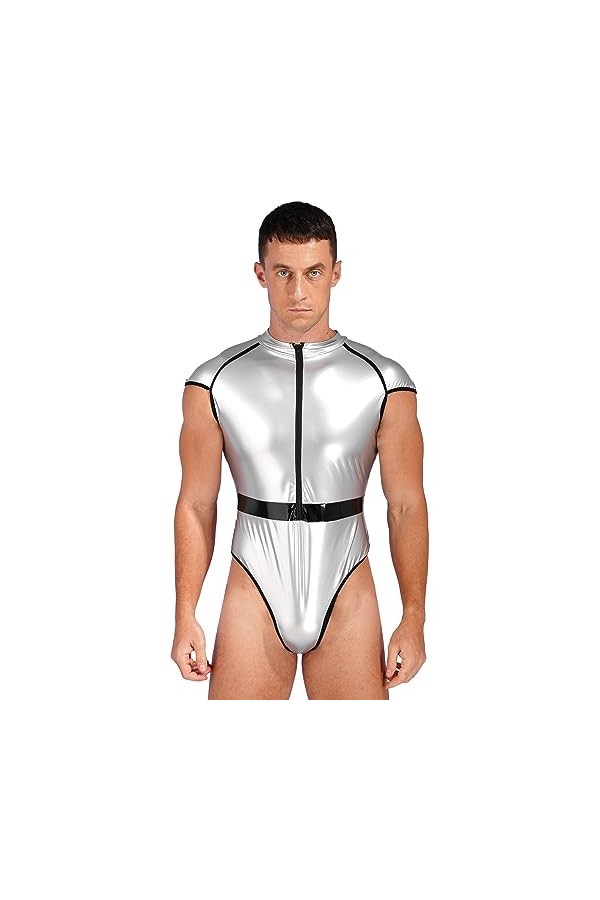 YUUMIN Wetlook Body String Déguisement Astronaute Homme Sexy Catsuit Combinaison Cuir Verni Bodysuit Sans Manches Costume Hal
