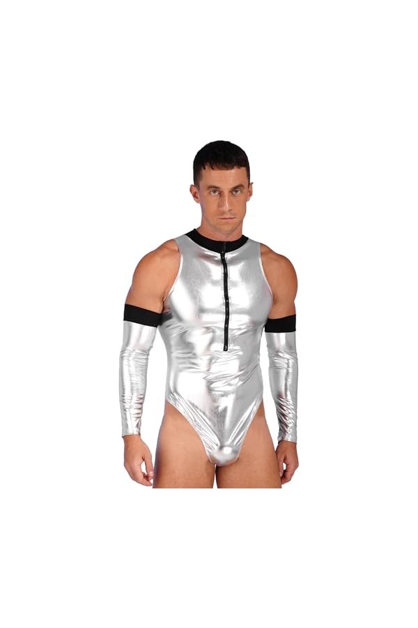 YUUMIN Wetlook Body String Déguisement Astronaute Homme Sexy Catsuit Combinaison Cuir Verni Bodysuit Sans Manches Costume Hal