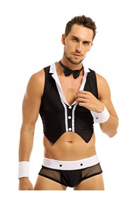IEFIEL Homme Costume Cosplay Gentleman sous-vêtement Tenues Jeu de rôle Gilet Shorts Et Menottes Lingerie Ensembles Carnaval 