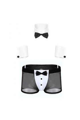 dPois Homme Boxer sous-Vêtement Sexy Lingerie Sissy String Serveur Tuxedo Déguisement Gentleman Costume Bowtie Short & Bracel