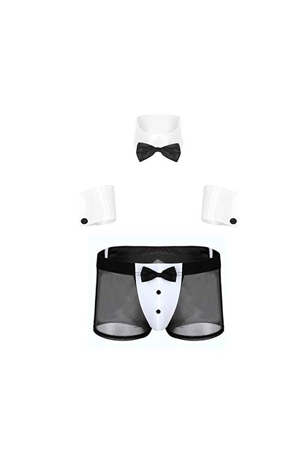 dPois Homme Boxer sous-Vêtement Sexy Lingerie Sissy String Serveur Tuxedo Déguisement Gentleman Costume Bowtie Short & Bracel