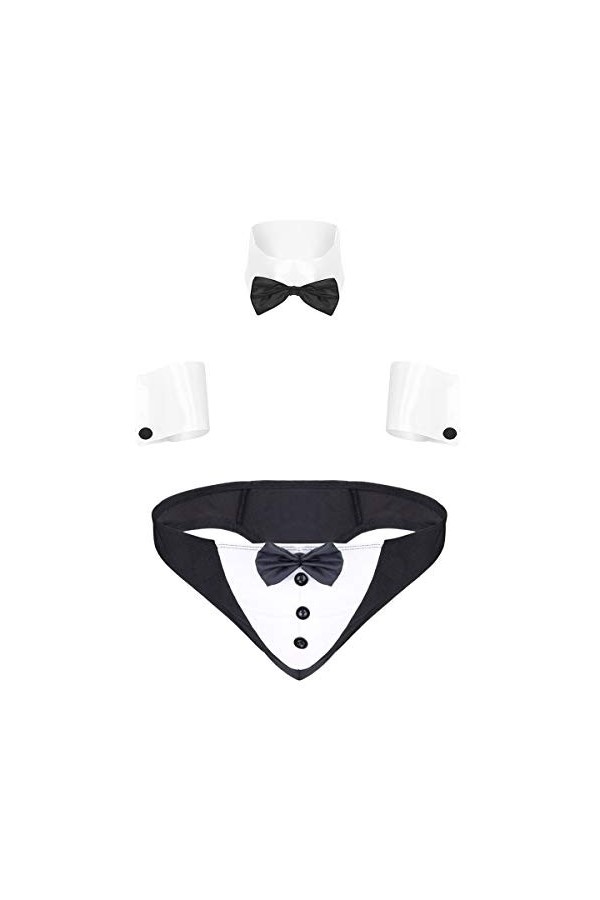 dPois Homme Boxer sous-Vêtement Sexy Lingerie Sissy String Serveur Tuxedo Déguisement Gentleman Costume Bowtie Short & Bracel