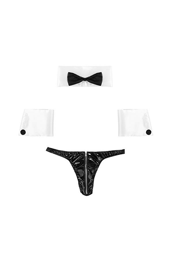 Kaerm String Homme Sexy Boxer Résille Slip Cuir sous-Vêtement Ouvert Uniforme Serveur Tuxedo Érotique Lingerie Jeu de Rôle Co