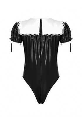 Freebily Femme de Ménage Hommes Sissy Robe de Chambre Cuir Dentelle Sissy Lingerie Plaisir Deguisement Servant Sexy Body Stri