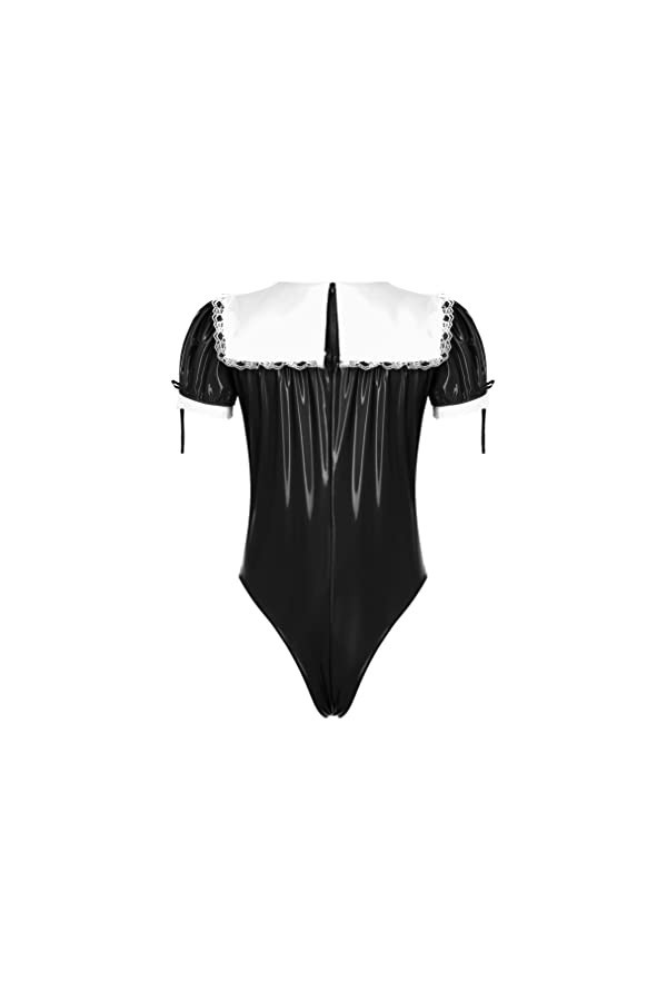 Freebily Femme de Ménage Hommes Sissy Robe de Chambre Cuir Dentelle Sissy Lingerie Plaisir Deguisement Servant Sexy Body Stri