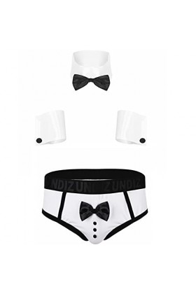 iiniim Lingerie Homme Sissy String Déguisement Soubrette Uniforme Serveur Nuisette Erotisme String + Bracelets + Collier sous