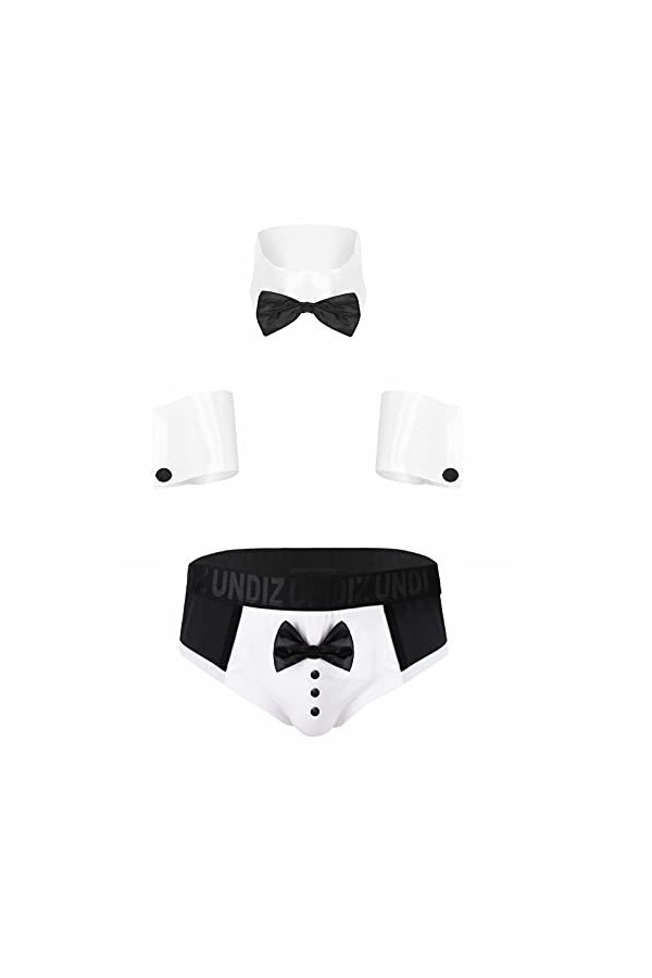 iiniim Lingerie Homme Sissy String Déguisement Soubrette Uniforme Serveur Nuisette Erotisme String + Bracelets + Collier sous