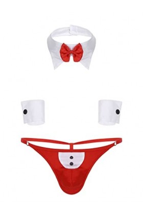 inlzdz Homme Sexy Sous-vêtements Ensemble Erotique Lingerie Sexy Collier Bow Tie & Boxer & Paire de Bracelets Sexy Déguisemen