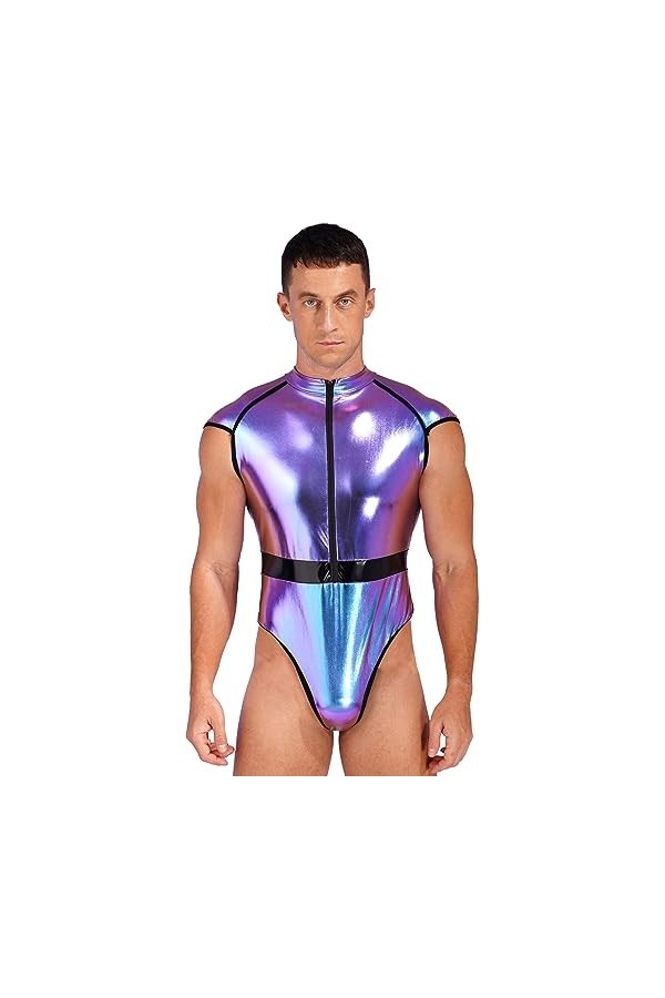 YUUMIN Wetlook Body String Déguisement Astronaute Homme Sexy Catsuit Combinaison Cuir Verni Bodysuit Sans Manches Costume Hal