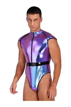 YUUMIN Wetlook Body String Déguisement Astronaute Homme Sexy Catsuit Combinaison Cuir Verni Bodysuit Sans Manches Costume Hal