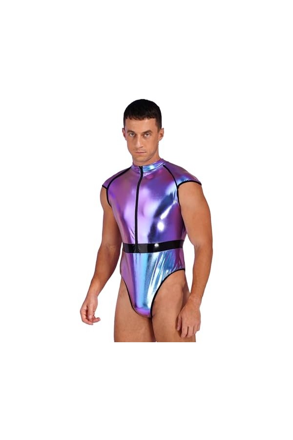 YUUMIN Wetlook Body String Déguisement Astronaute Homme Sexy Catsuit Combinaison Cuir Verni Bodysuit Sans Manches Costume Hal