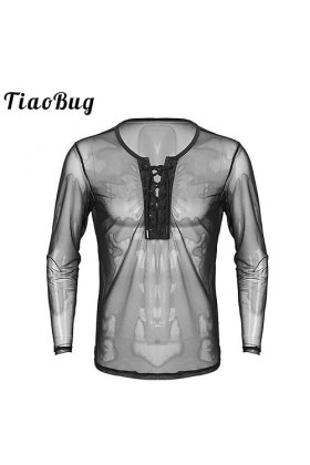 WSZJLN Hommes à Lacets Maille à Manches Longues T-Shirt Hommes Sexy Tenue de Club Costumes sous-vêtements résille Hauts-Blanc