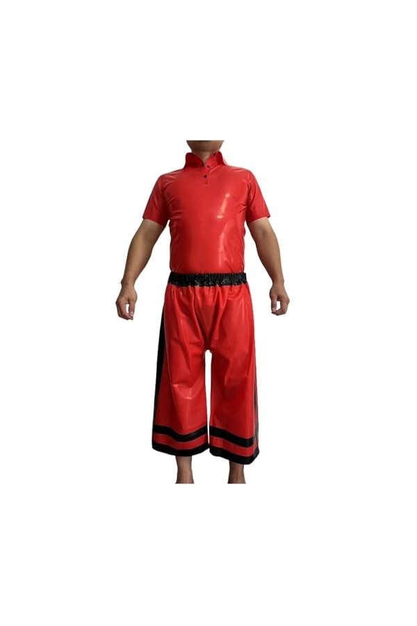 T-Shirt et short en caoutchouc pour hommes, 100% Latex naturel rouge avec garnitures noires, costume pantalon ample, gomme fa