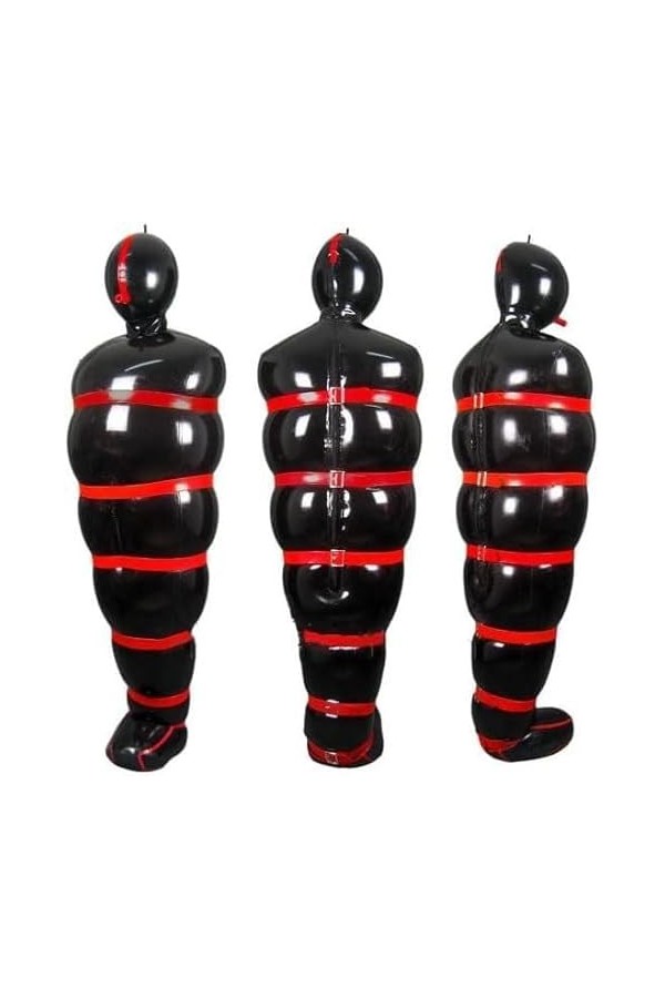 Sac de couchage gonflable sexy en latex noir avec sangles rouges et fermeture éclair
