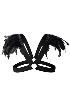 Générique Strip-Tease Décoration de Plumes pour Hommes Corset Sexy Sangle de Poitrine Anneau en métal Bondage Gilet évidé Bl