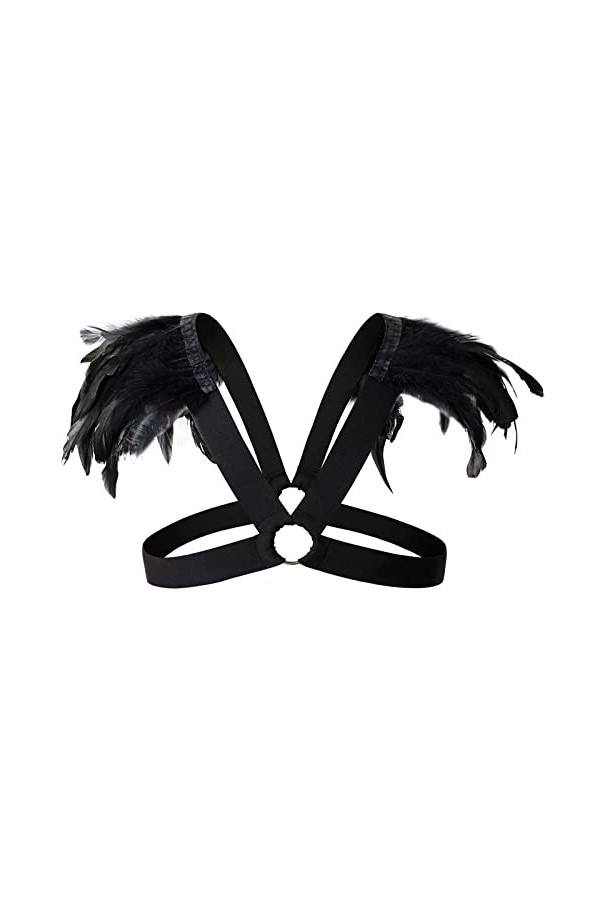 Générique Strip-Tease Décoration de Plumes pour Hommes Corset Sexy Sangle de Poitrine Anneau en métal Bondage Gilet évidé Bl