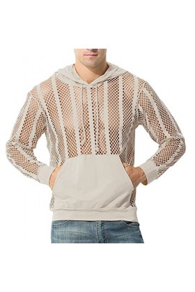 Male Sexy Party Hollow Mesh Hoodies Solide Manches Longues Poche À Capuche Blouse Hommes Capuche Yellow, S 