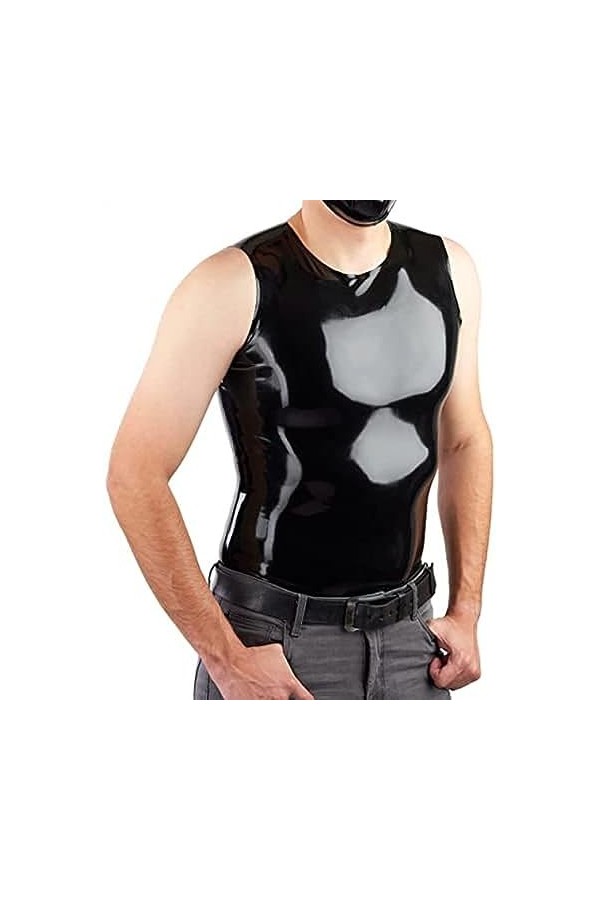 IDOBLO Noir Latex Hommes Gilet Haut Classique Chemise Col Rond sans Manches Costume Hommes Hauts en Caoutchouc O-Cou Gilet 10