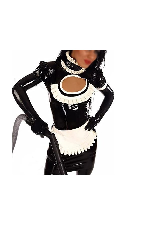 PODSI Manches Bouffantes Maid Latex Robe Tablier Fermetures Éclair Dos Volants Ouvert Avant Caoutchouc Uniforme Moulante Comb