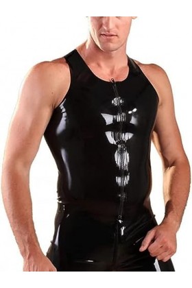 IDOBLO Gilet Zippé en Latex Noir pour Hommes Chemise en Caoutchouc Latex Hauts en Latex Costumes,Rouge,3XL