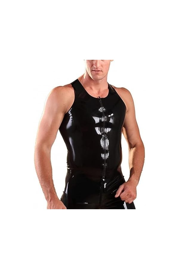 IDOBLO Gilet Zippé en Latex Noir pour Hommes Chemise en Caoutchouc Latex Hauts en Latex Costumes,Rouge,3XL