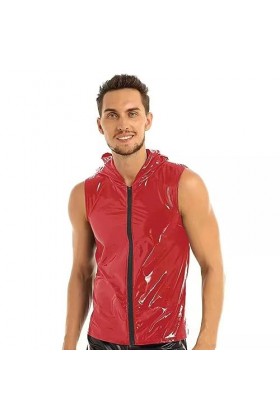 DCIUSTFHE Hommes Sexy Miroir Cuir Verni Décontracté Gilet Fermeture Éclair A Capuche sans Manches T-Shirt Gilets Boîtes De Nu