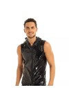 DCIUSTFHE Hommes Sexy Miroir Cuir Verni Décontracté Gilet Fermeture Éclair A Capuche sans Manches T-Shirt Gilets Boîtes De Nu