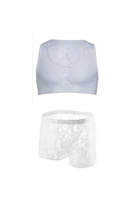 CABULE Haut court en dentelle pour homme avec épaules et harnais de poitrine sexy pour homme - Ensemble haut et short - Blanc