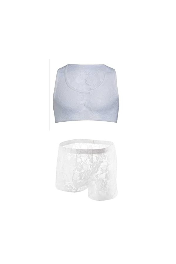 CHOUBAGUAI Haut court en dentelle pour homme - Ensemble sexy avec harnais de poitrine et short - Blanc - S