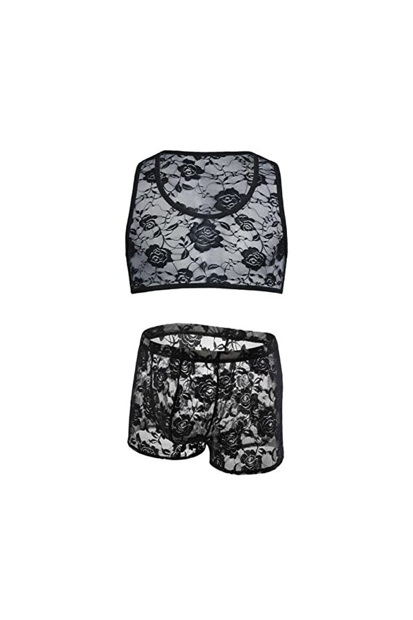 CHOUBAGUAI Haut court en dentelle pour homme - Ensemble sexy avec harnais de poitrine et short - Blanc - S