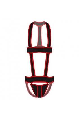 Lingerie pour homme - Justaucorps une pièce ajouré - Couleur contrastée - Pochette bombée - Rouge - XL