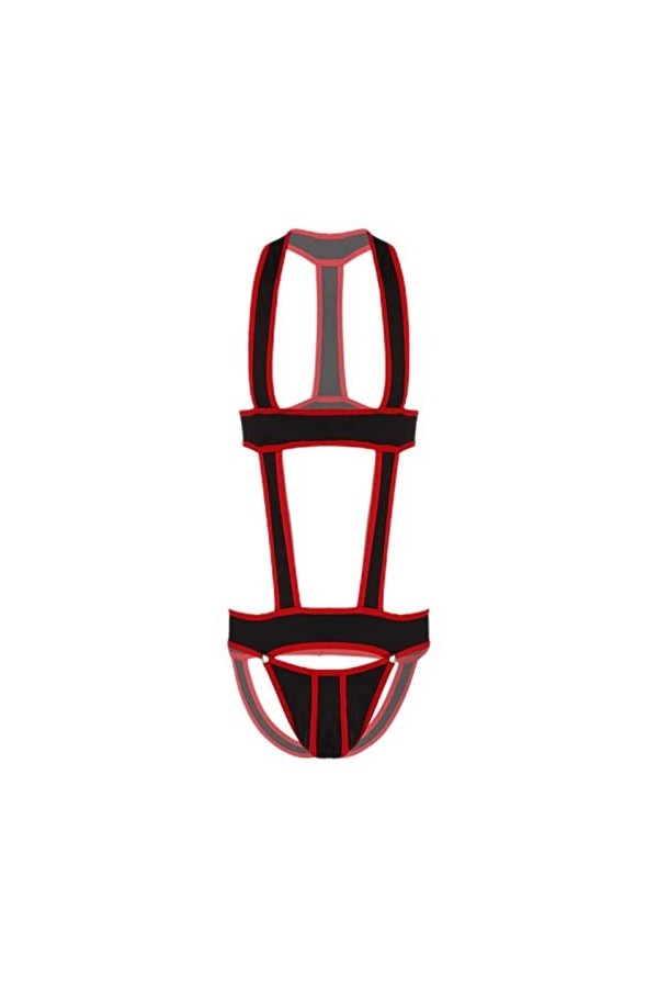 Lingerie pour homme - Justaucorps une pièce ajouré - Couleur contrastée - Pochette bombée - Rouge - XL