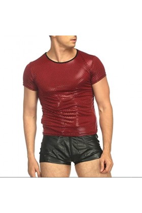 Hommes Sexy en Cuir Couleur Unie discothèque scène Performance T-Shirts Hauts Faux Cuir Plaid T-Shirt érotique Homme vêtement