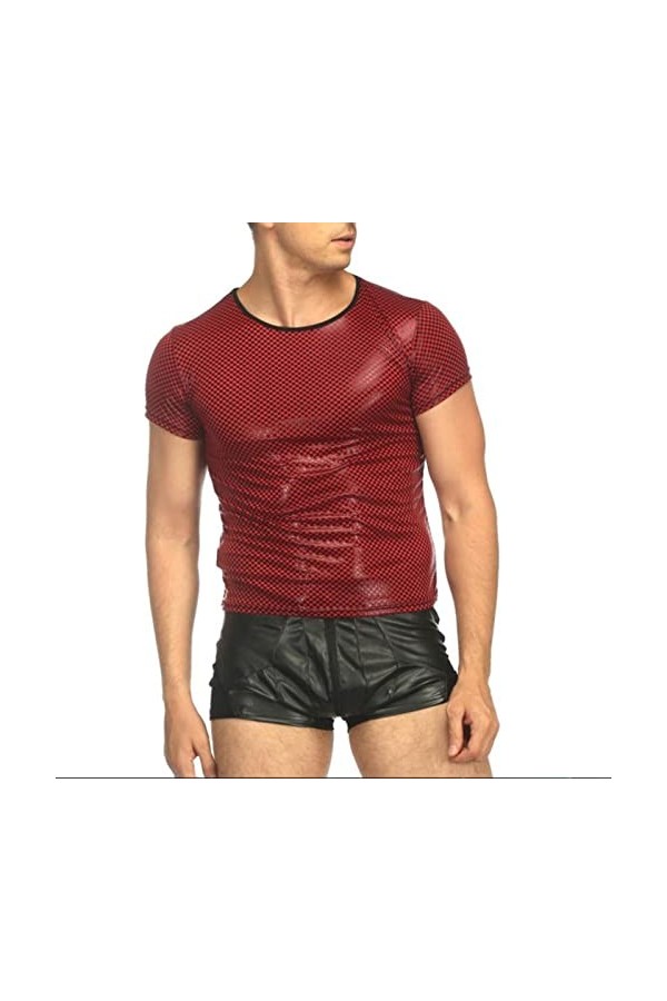 Hommes Sexy en Cuir Couleur Unie discothèque scène Performance T-Shirts Hauts Faux Cuir Plaid T-Shirt érotique Homme vêtement